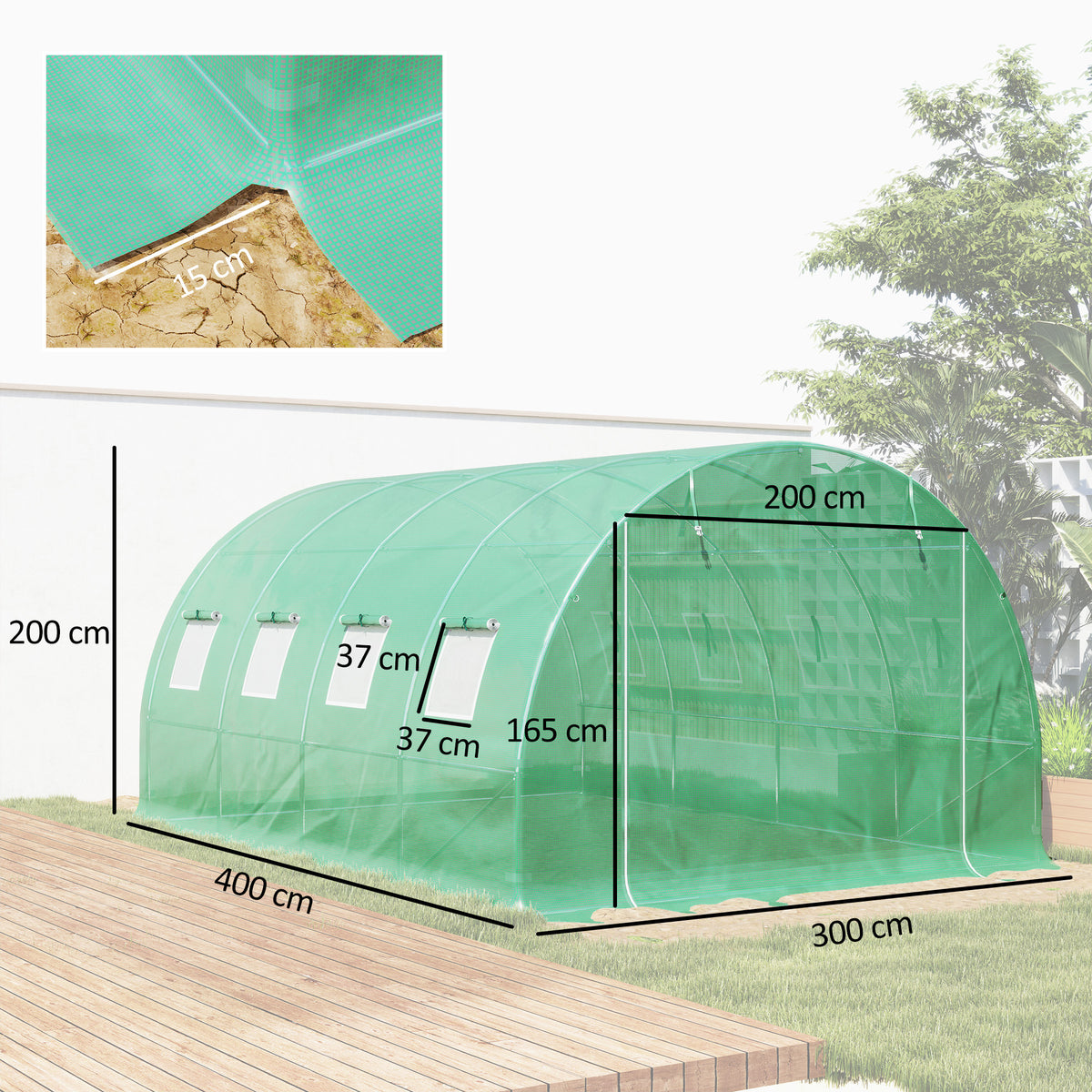 Ersatzplane für Folientunnel 12 m² 4 x 3 x 2 m PE UV-beständig wasserdicht 8 Fenster + aufrollbare Reißverschlusstür grün