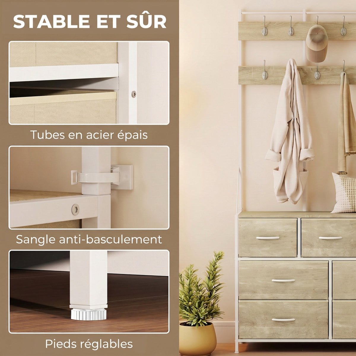 Porte-Manteau 4 en 1, Meuble d'Entrée avec 7 Tiroirs Pliables en Tissu, 14 Crochets et Panneau Grillagé, Chêne