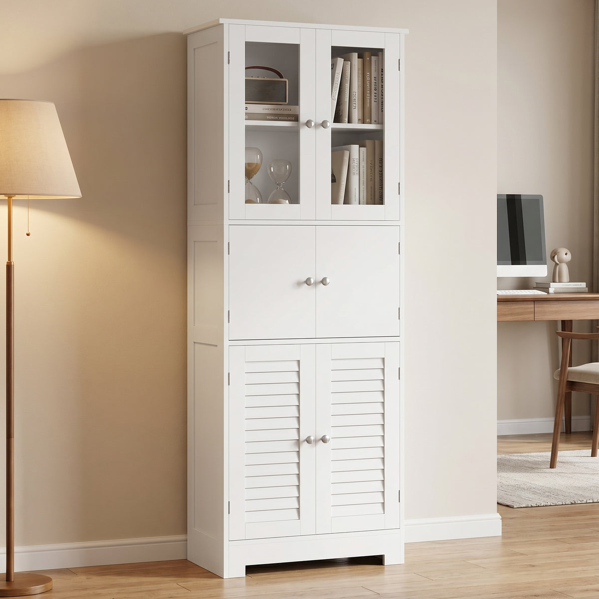 Meuble de salle de bain haut, meuble de rangement avec 6 portes dont 2 vitrées et 2 persiennes, étagère réglable, blanc