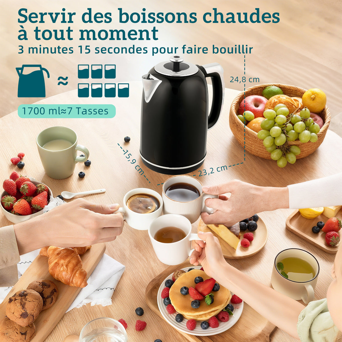 Ensemble bouilloire et grille-pain, bouilloire en acier inoxydable 1,7 L et 2200 W et grille-pain à 2 tranches, noir
