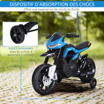 Moto elettrica per bambini 3-6 anni 25 W 6 V 3 km/h con luci e suoni, rotelle rimovibili, carico max 30 kg, blu
