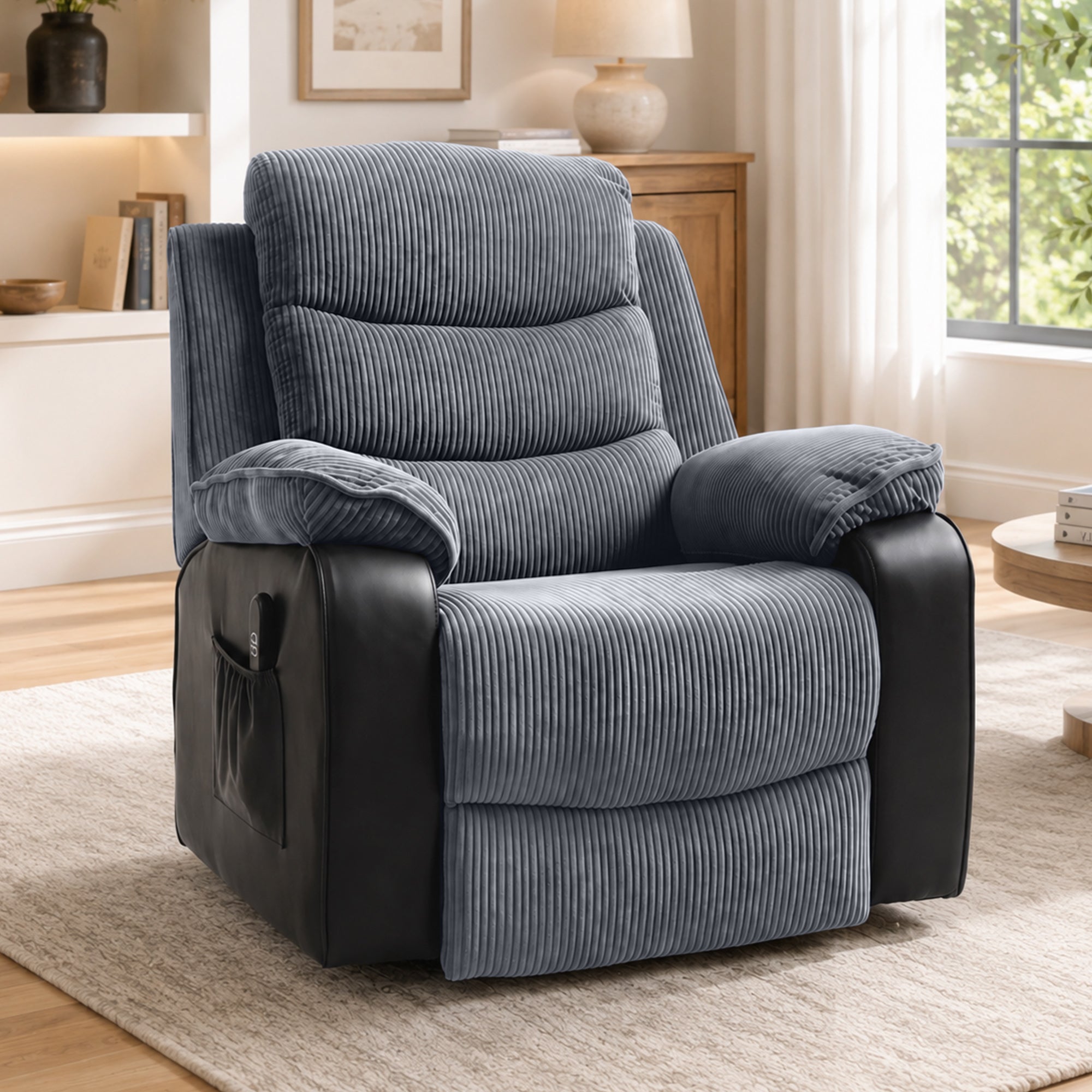 Fauteuil releveur électrique, fauteuil relax électrique velours côtelé, dossier inclinable, ports USB, 96x96x108cm, gris