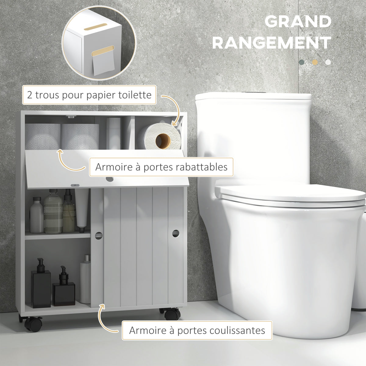 Toilet- en badkamermeubel met toiletrolhouder op wieltjes - 52 x 17 x 67 cm wit