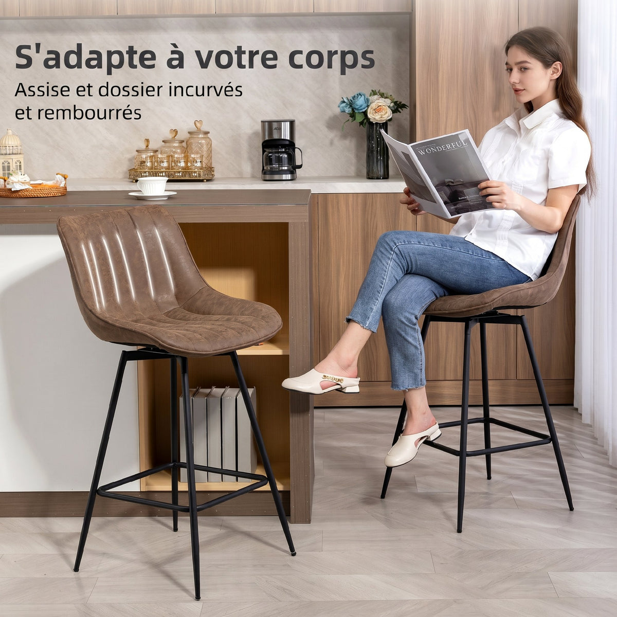 Lot de 2 tabourets de bar, chaises de bar en PU, assise rembourrée 68H cm, dossier et repose-pieds, marron