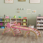 Triangle d'escalade enfants 8 en 1 avec rampe double face, arc d'escalade en bois avec toboggan & échelle, rose