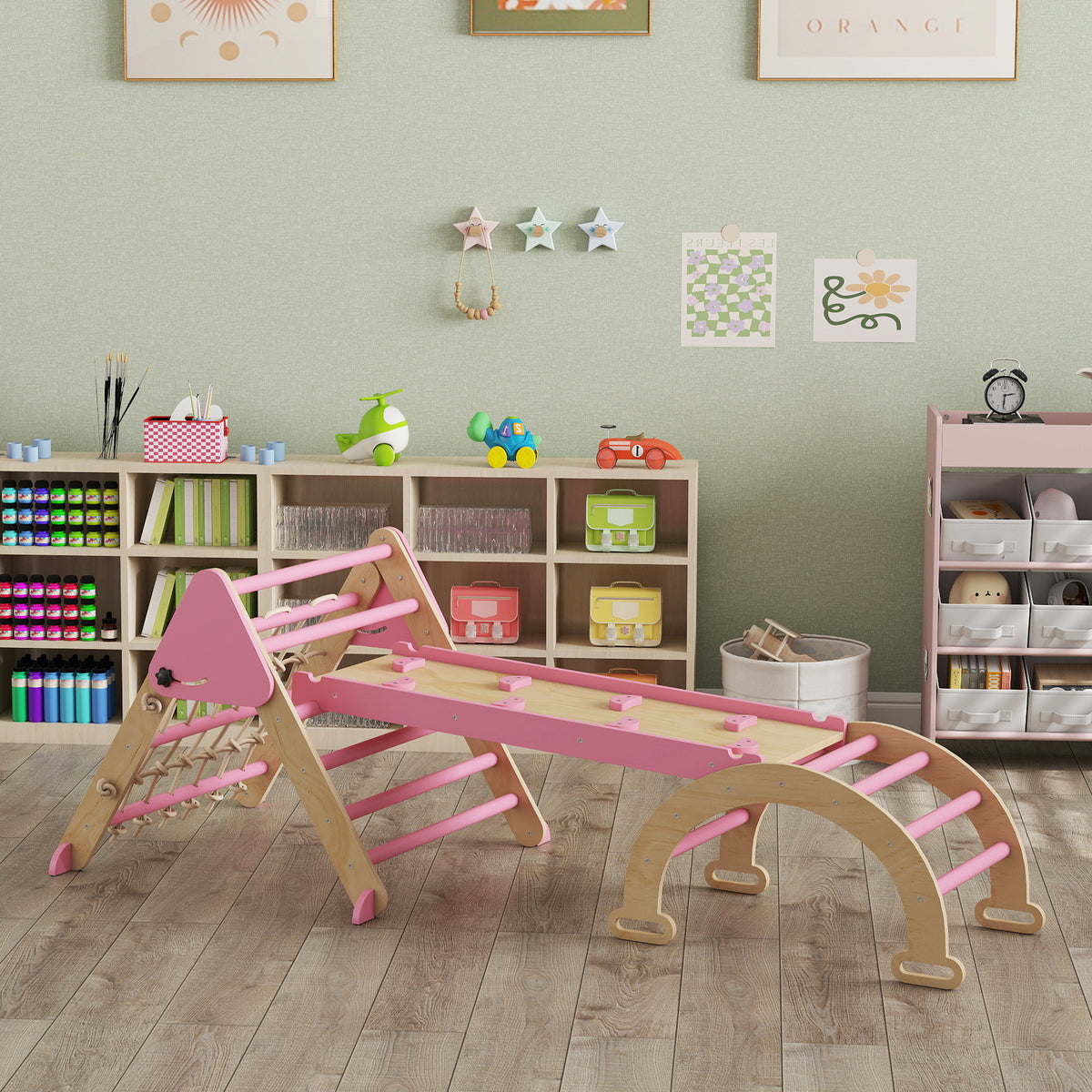 Triangle d'escalade enfants 8 en 1 avec rampe double face, arc d'escalade en bois avec toboggan & échelle, rose