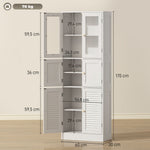 Meuble de salle de bain haut, meuble de rangement avec 6 portes dont 2 vitrées et 2 persiennes, étagère réglable, blanc