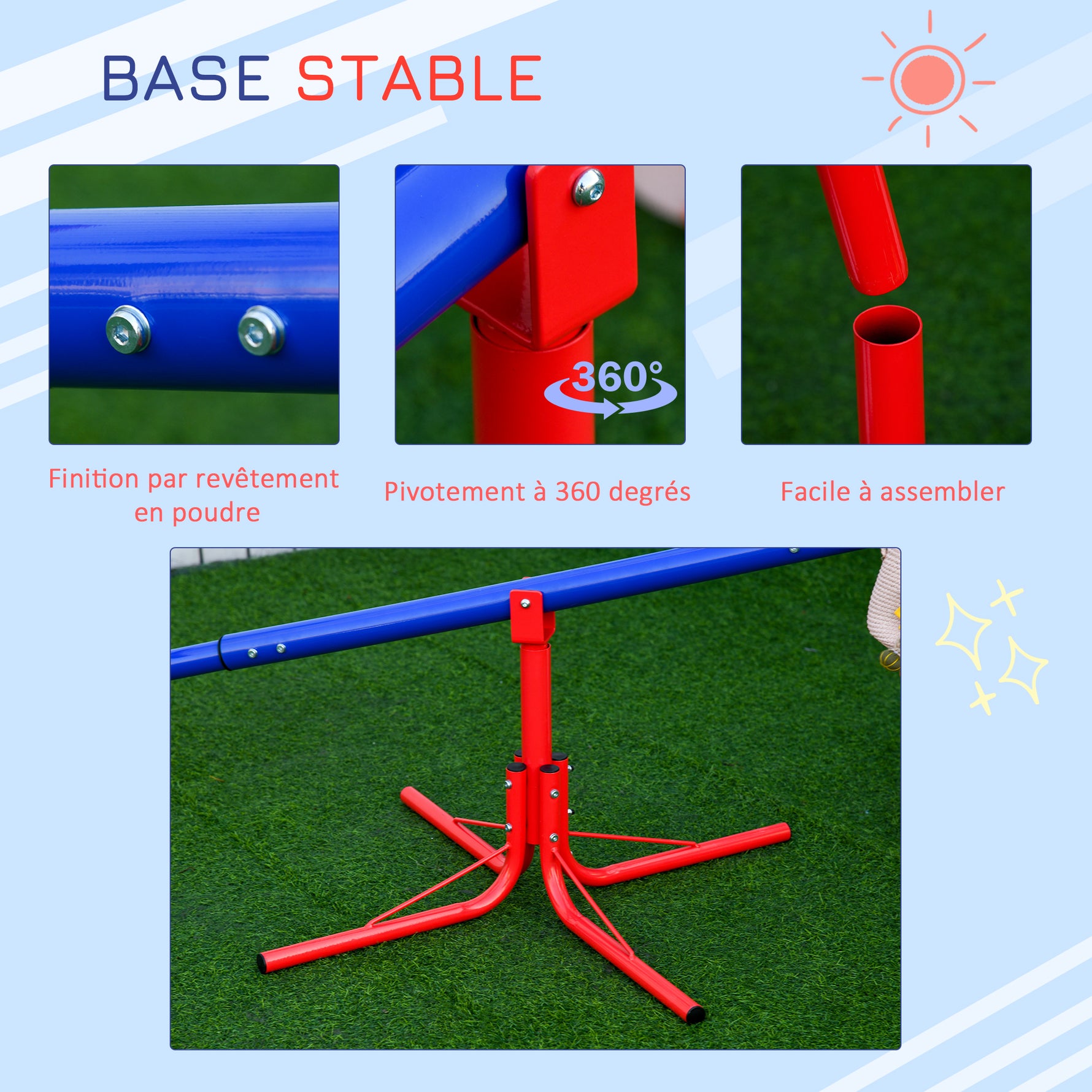 Balançoire à bascule pour enfant 3 à 8 ans trébuchet rotatif 360° pied 4 tiges poignée 184 x 76 x 71 cm, multicolore