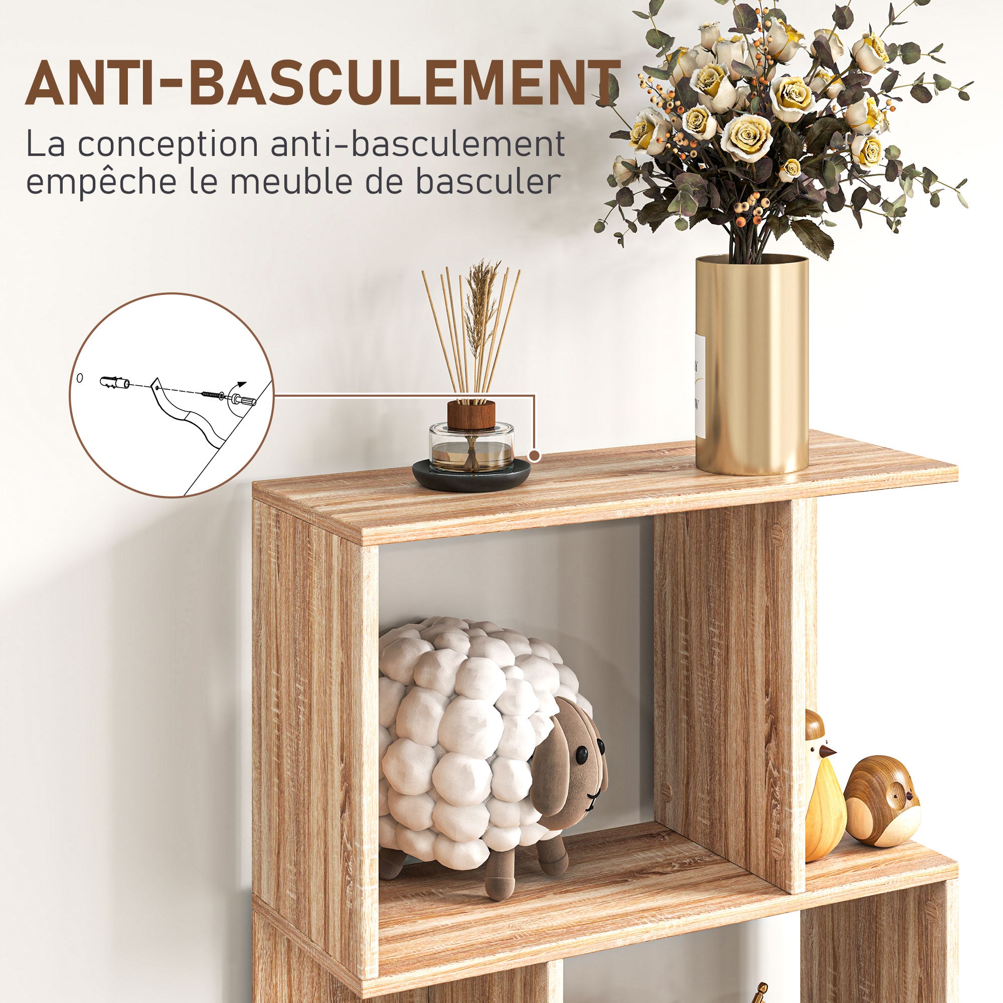 Bibliothèque à 5 niveaux, meuble de rangement en forme de S avec étagères, 60 x 24 x 184,5 cm, effet bois naturel