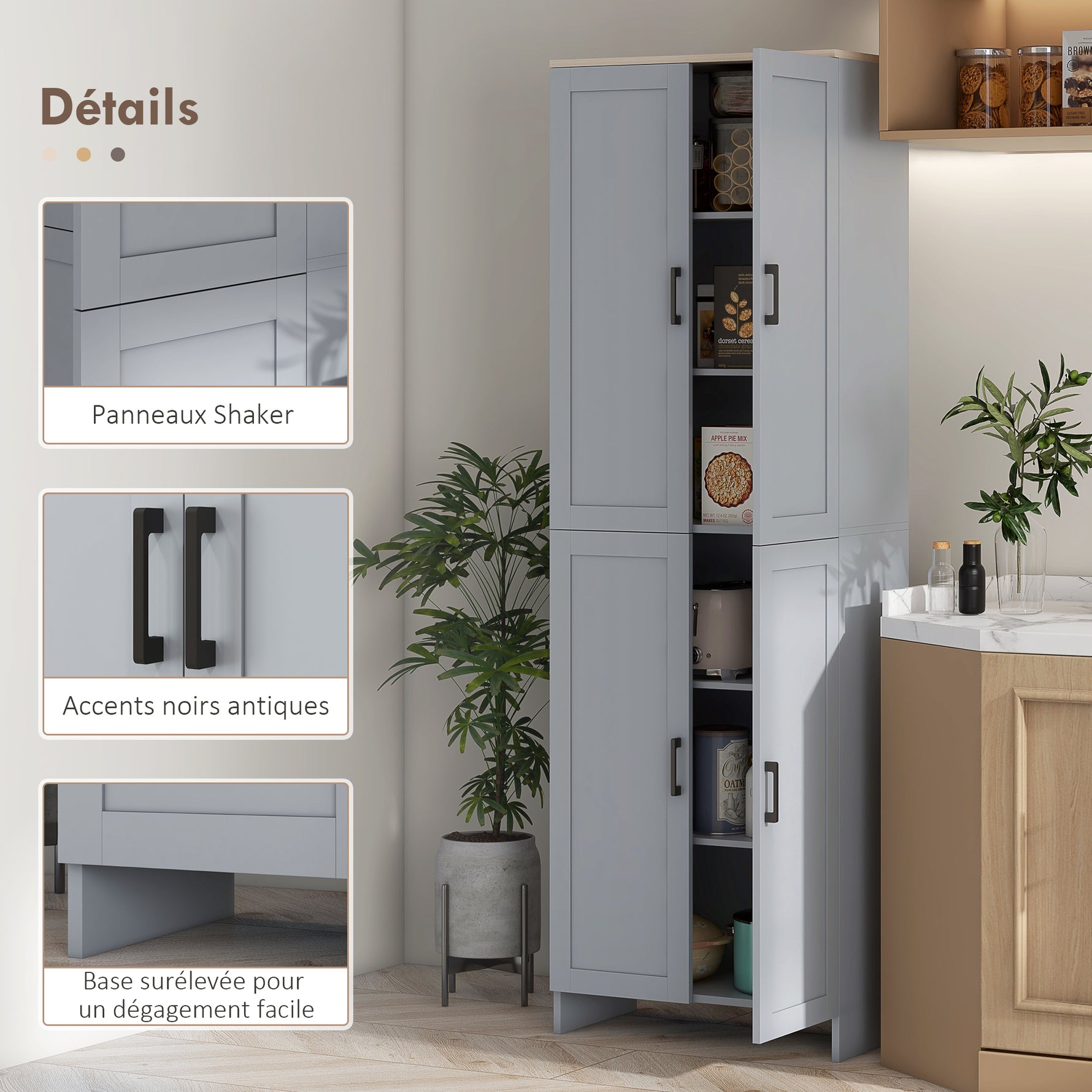 Armoire de cuisine hauteur 170 cm buffet haut avec 4 portes et étagères ajustable, design moderne, gris
