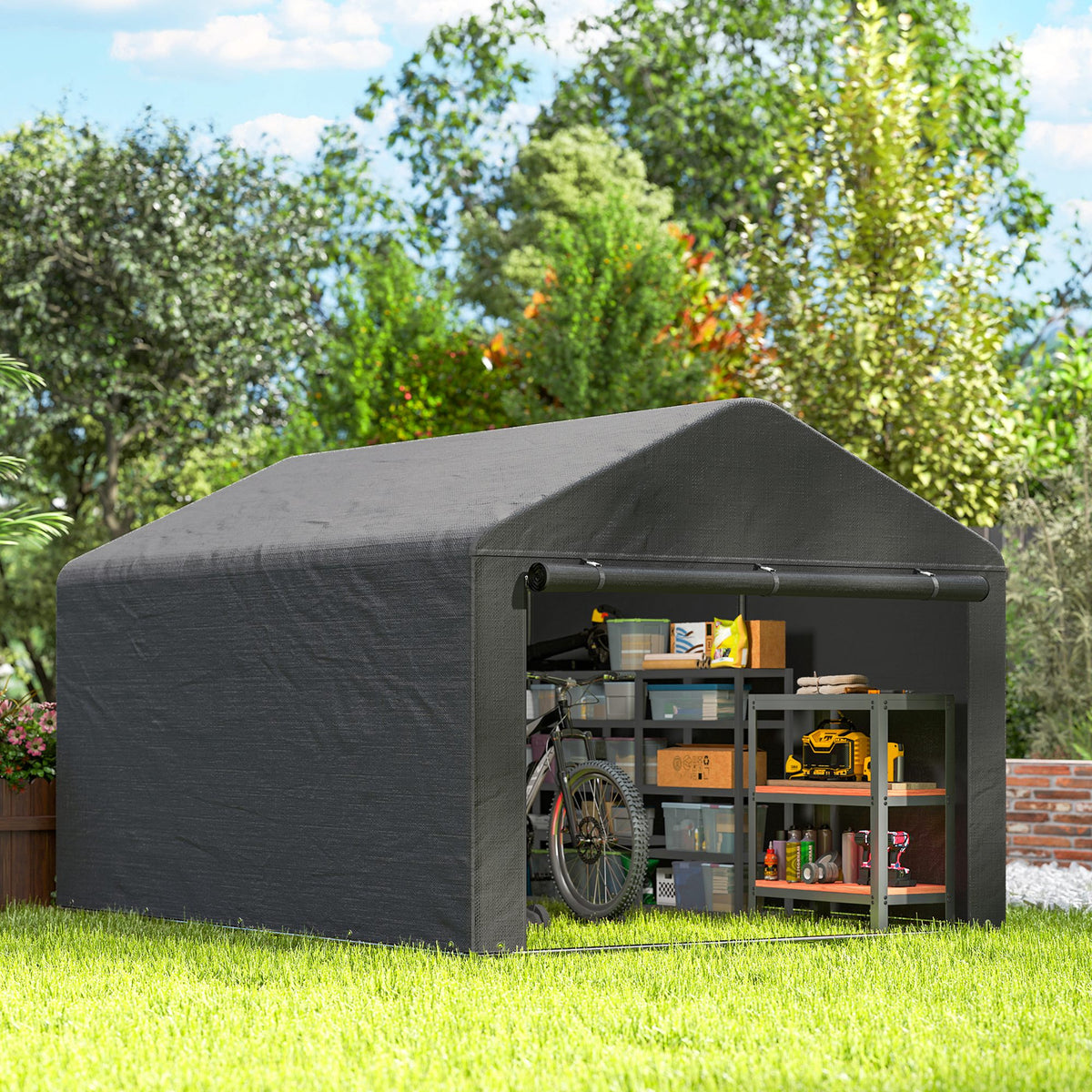 Abri de jardin tente de stockage imperméable abri moto porte enroulable fermeture éclair, 200 x 238 x 183 cm, gris foncé