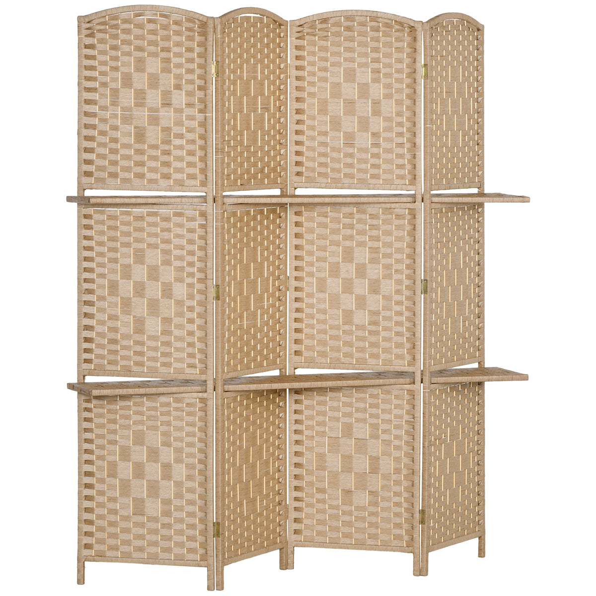 Paravent séparateur de pièce 4 panneaux 160 x170 cm avec 2 étagères, pliable, en bois