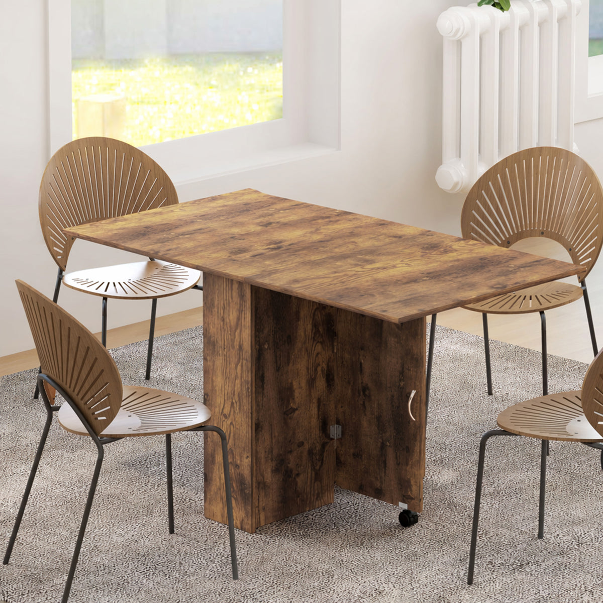 Table à Manger Pliante Mobile sur Roulettes, 2 Plateaux Rabattables, 2 Étagères Intégrées, 140x80x74cm, Brun Rustique