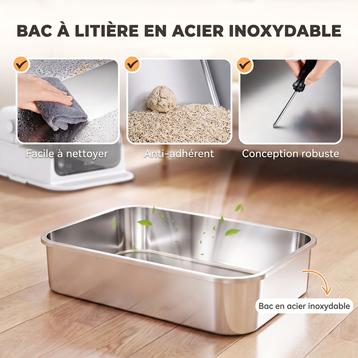 Lettiera per Gatti in Acciaio Inox con Coperchio 3 in 1 Bordi Alti Paletta e Sacchetti Antiodore XL 70x50x46cm Bianco