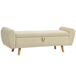Banc de rangement 73 L, coffre de rangement rembourré en velours côtelé avec accoudoirs et pieds en bois d'hévéa, beige