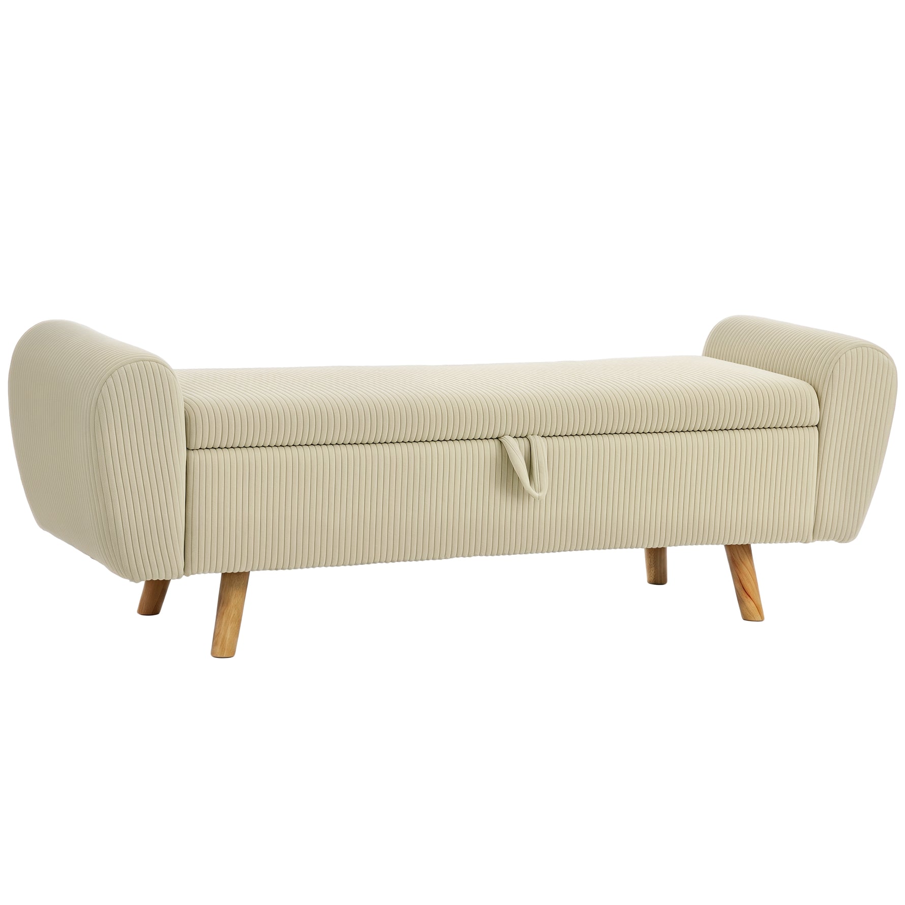 Banc de rangement 73 L, coffre de rangement rembourré en velours côtelé avec accoudoirs et pieds en bois d'hévéa, beige