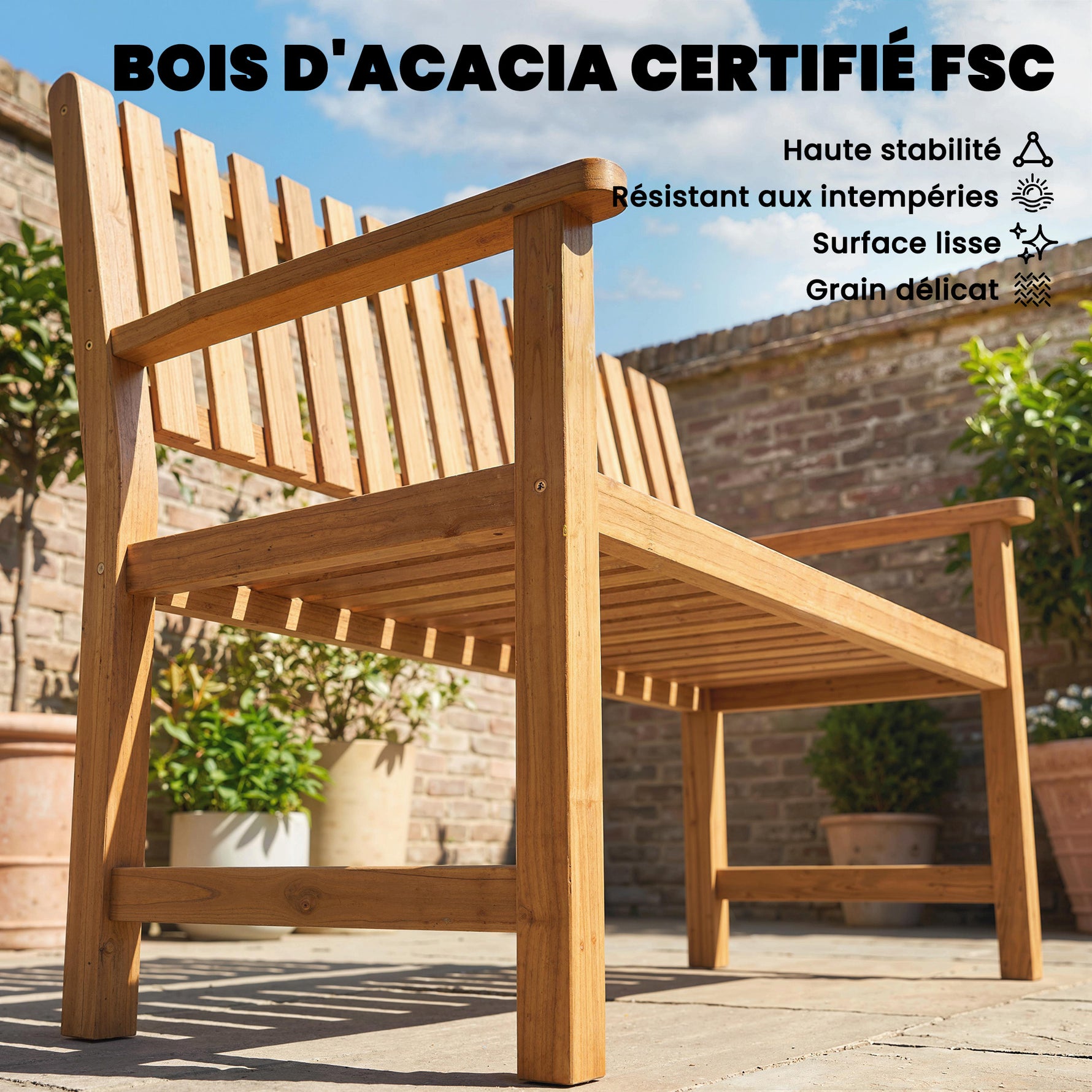Banc de Jardin Banquette de Terrasse 2 Places Charge Max. 320kg Accoudoirs 112 x 64 x 92 cm Bois d'Acacia Naturel
