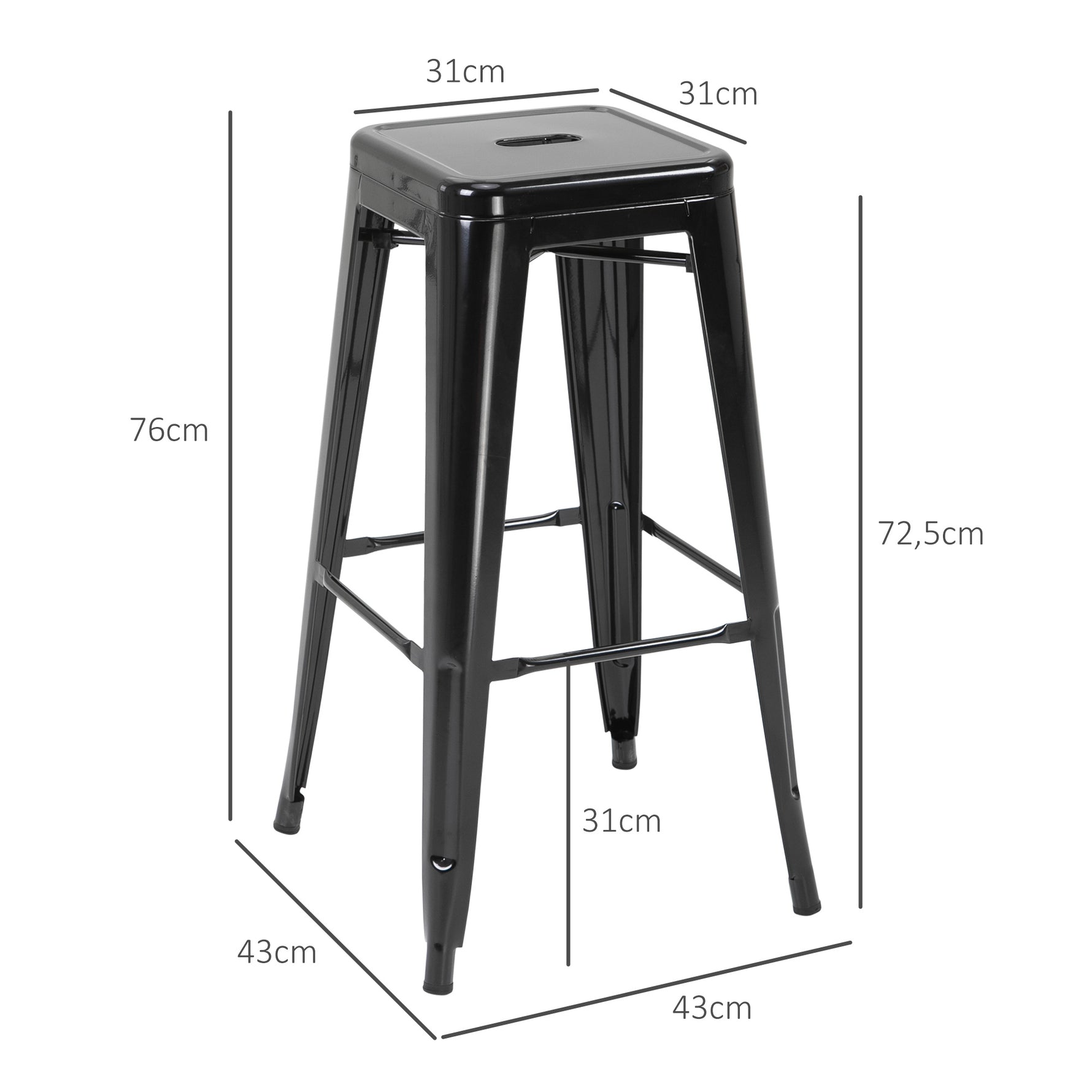Lot de 4 tabourets de Bar Empilable Chaise de Bar Industriel avec Repose-Pied Hauteur d'Assise 76 cm, cadre en métal, style rétro, pour salle à manger, balcon, bistrot ou bar, Noir