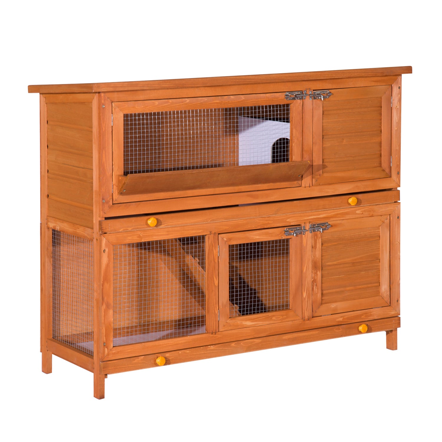 Large pine wood rabbit hutch chicken coop with 2 levels, hay rack, and opening roof, dim. 120L x 48W x 100H cm