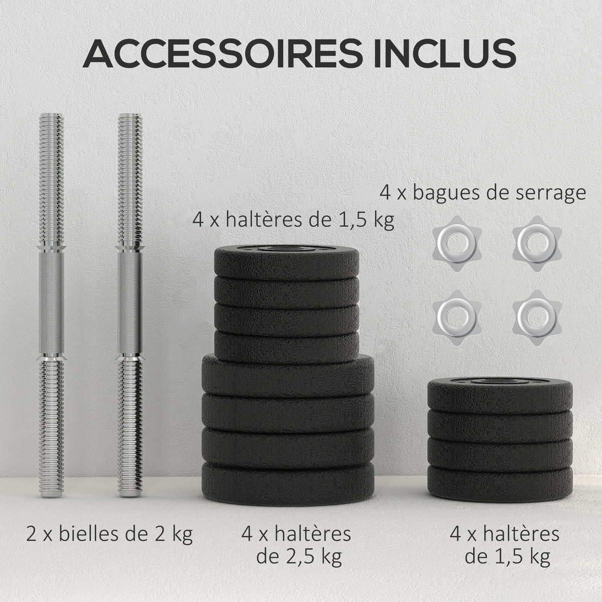 Ensemble d'haltères courtes total 25 kg dumbbell paires poids réglable - barres incluses acier polyuréthane noir