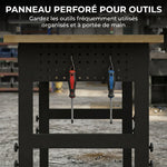 Établi d'Atelier Réglable, 121,9x50,8x79-99cm, Charge 900 kg, 2 Prises et 2 Ports USB, Panneau Perforé, Noir