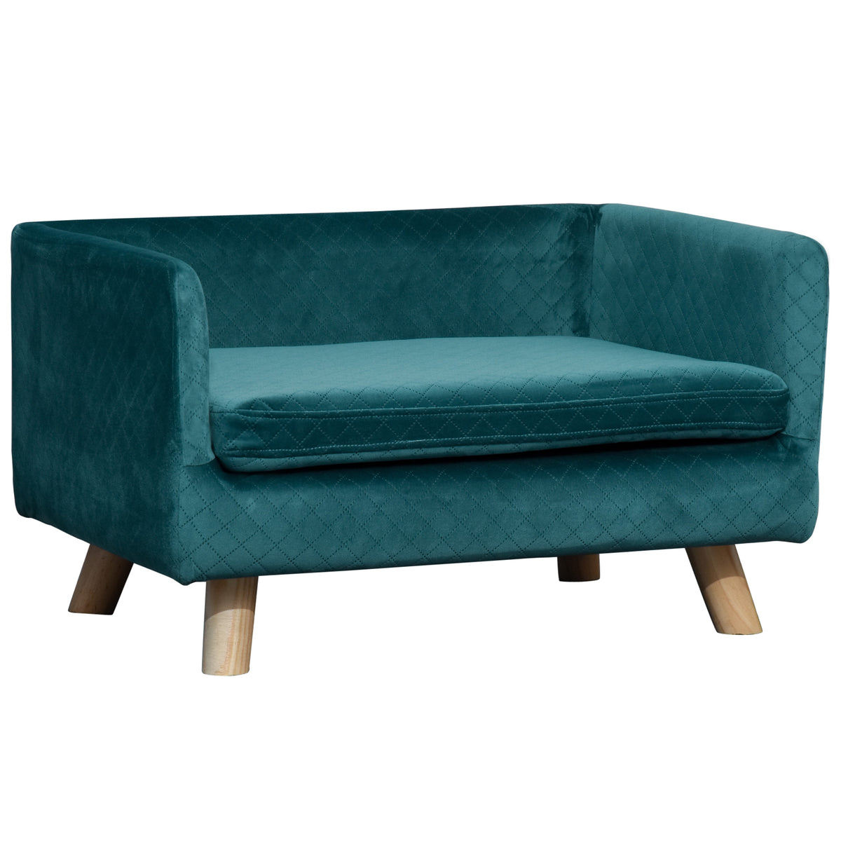 Canapé chien lit pour chien design scandinave coussin moelleux pieds bois massif dim. 64 x 45 x 36 cm velours bleu canard