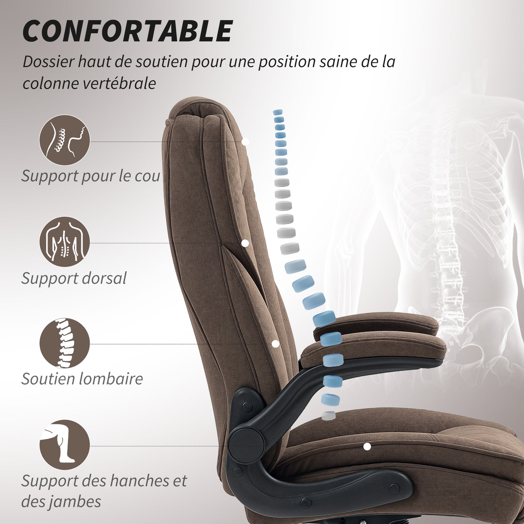 Fauteuil de bureau, chaise bureau ergonomique, hauteur réglable, accoudoirs relevables, 70 x 70 x 114-122 cm, marron