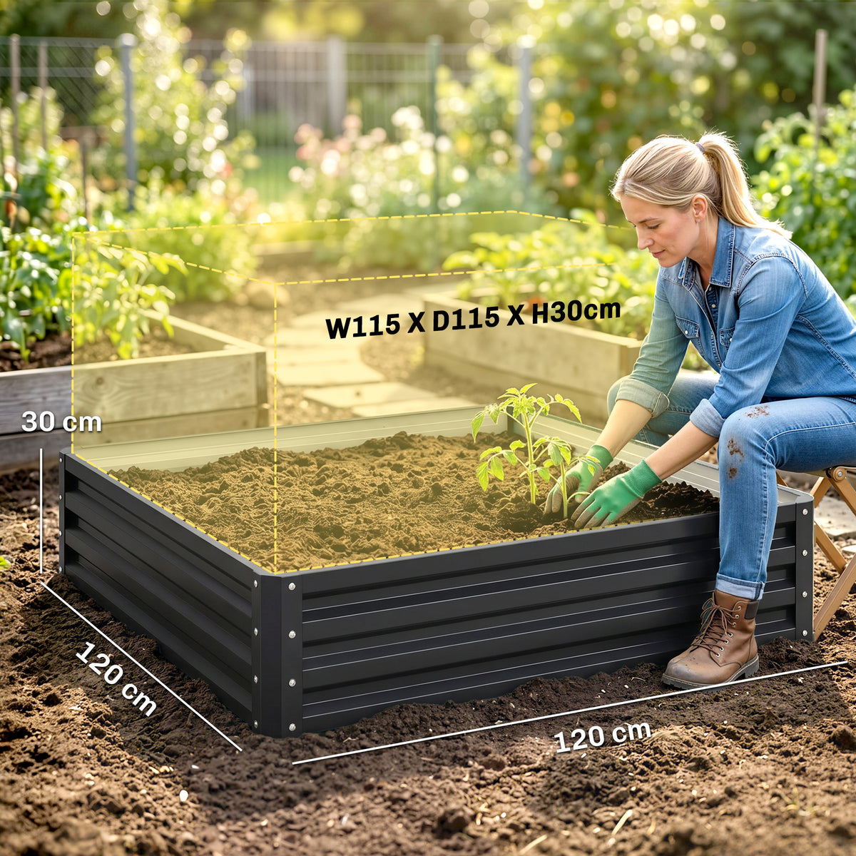 Carré potager de jardin acier galvanisée 120 x 120 x 30 cm gris