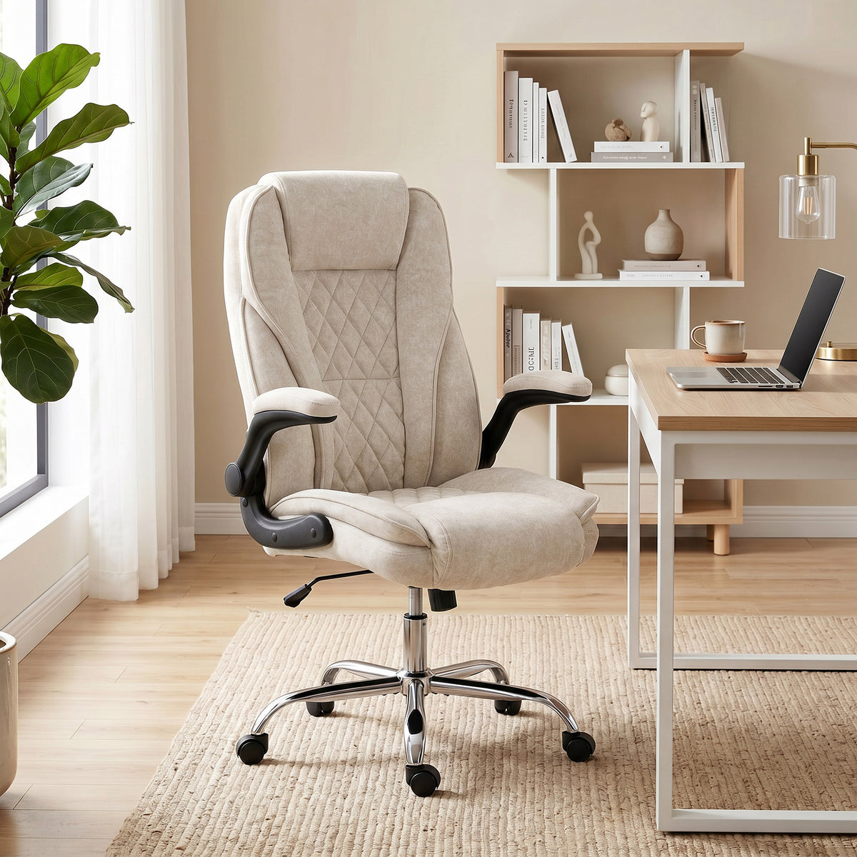 Fauteuil de bureau, chaise bureau ergonomique, hauteur réglable, accoudoirs relevables, 70 x 70 x 114-122 cm, beige