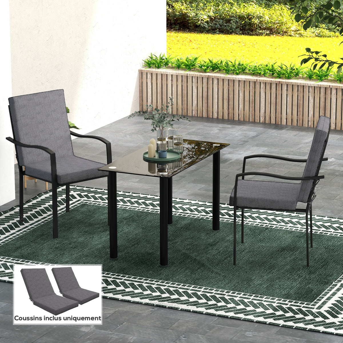 Set van 2 buitenkussens voor stoel met rugleuning, met bevestigingsbanden, 8 cm vulling, 112L x 51B cm, donkergrijs