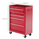 Carro de herramientas con ruedas, carro de taller de acero con 5 cajones bloqueable con 2 llaves, 61,5 x 33 x 82,5 cm, rojo