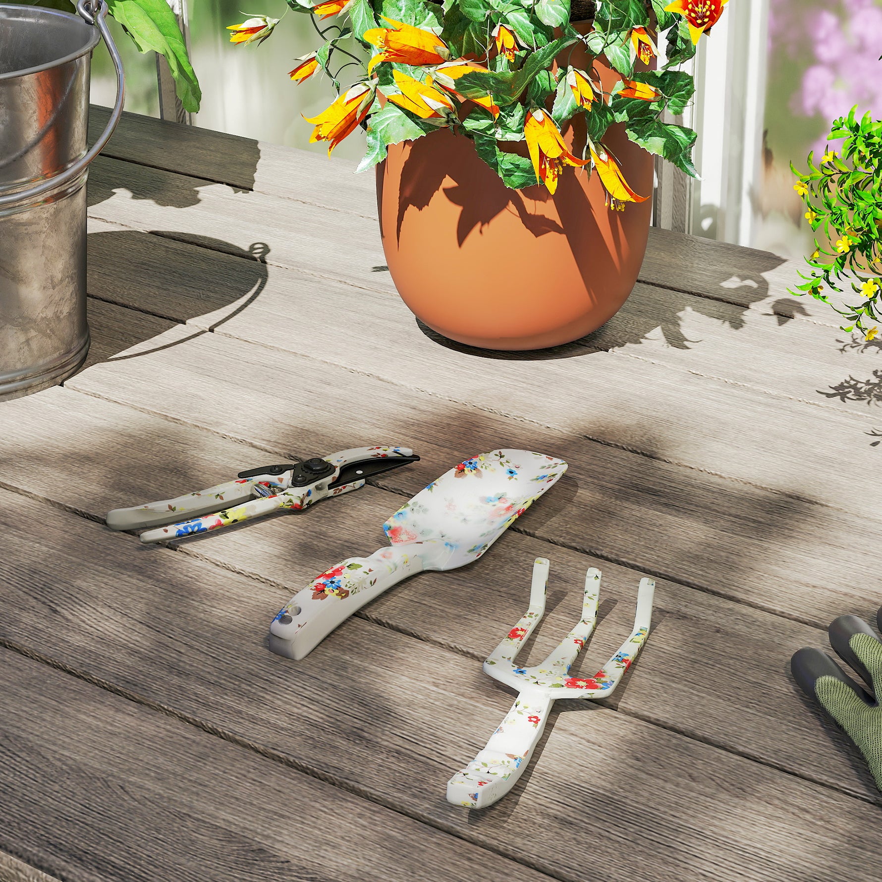 Ensemble d'outils de jardinage 3 pièces en aluminium avec sécateur, truelle de jardin, râteau à main, idéal pour taille