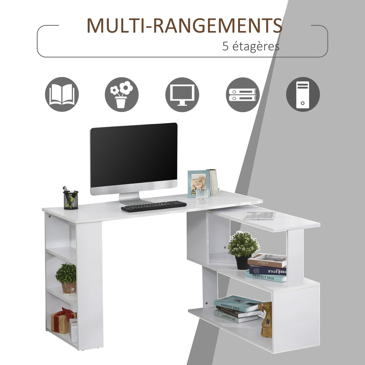 Scrivania angolare tavolo da pranzo con contenitore scrivania per computer modulare libreria integrata + scaffale a 3 livelli bianco