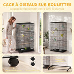 Grande Cage à Oiseaux sur Roulettes en Acier, Plateau Amovible, Portes, Perchoirs, Mangeoires, 77x46,5x141cm, Noir