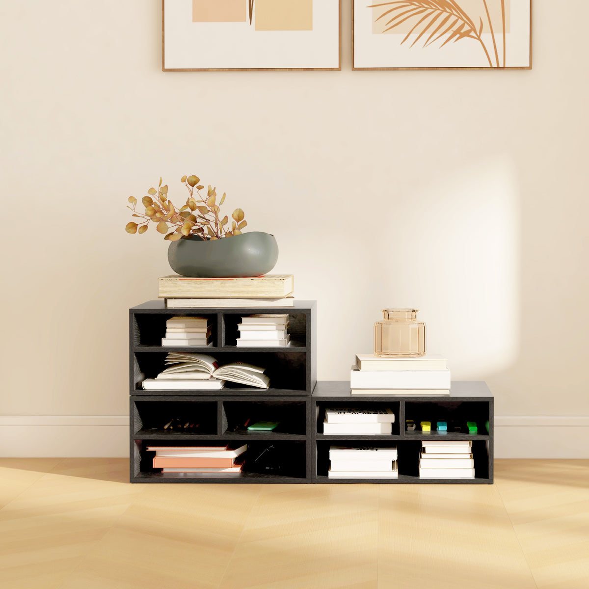 Organizador de escritorio aspecto negro con 3 compartimentos para suministros y soporte de impresora 47 x 40 x 22,5 cm