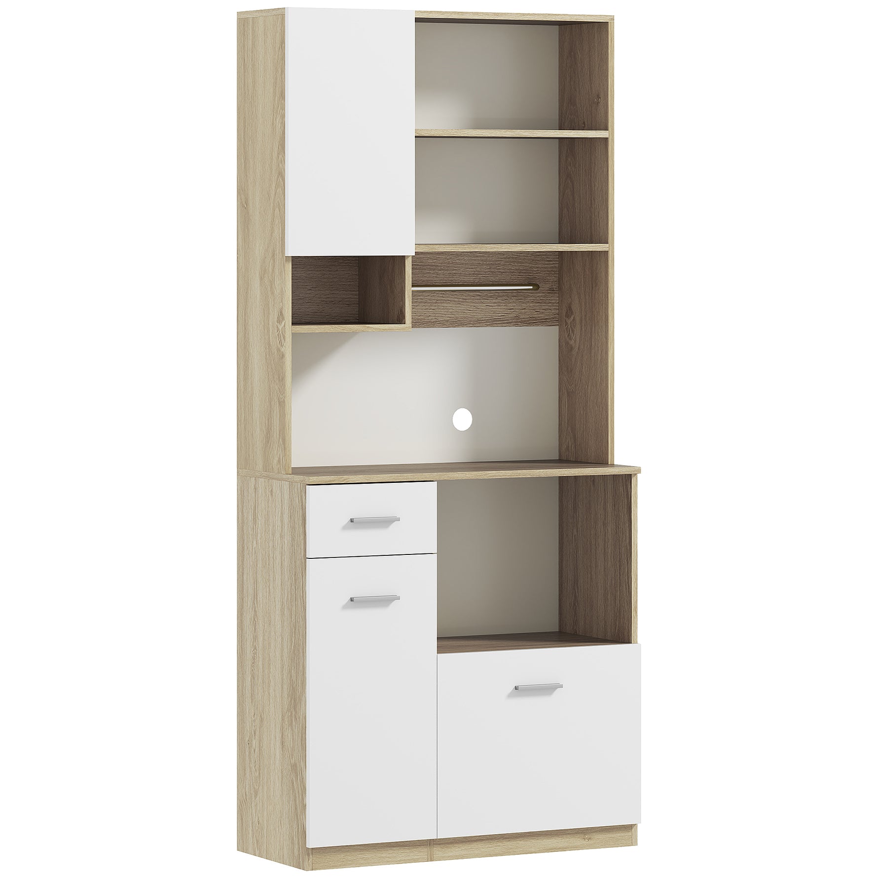Armoire de cuisine haute, meuble de rangement moderne avec étagères réglables, tiroir, blanc et aspect bois
