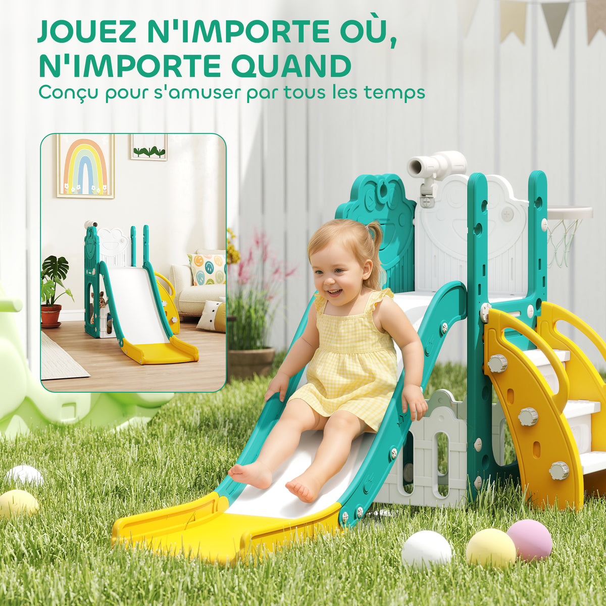 Toboggan pour tout-petits 5 en 1 toboggan autoportant pour enfant avec panier de basket, télescope, 178x70x86cm, jaune