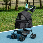 Poussette Buggy Pliable Chien Chat Panier Rangement Porte-Gobelets Tissu 300D Oxford Imperméable 4 Roues Noir