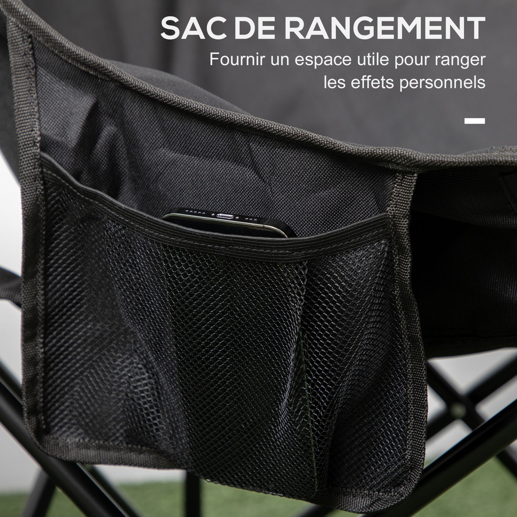 Chaise de camping pliable avec sac de transport et pochette latérale compact ultra légère noir