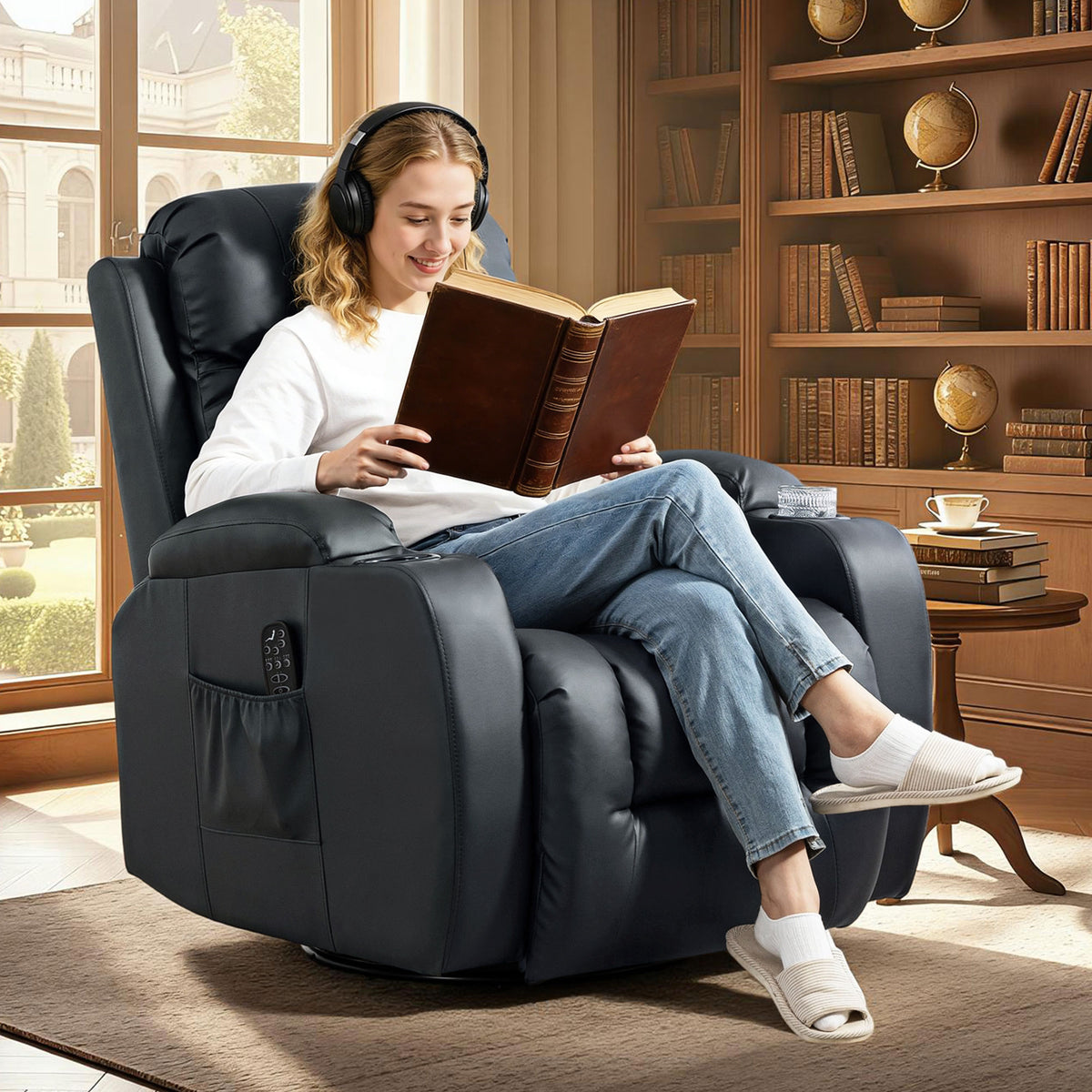 Fauteuil inclinable de massage et chauffage, fauteuil de relaxation, dossier réglable, pivotant 360°, 82x99x103cm, noir