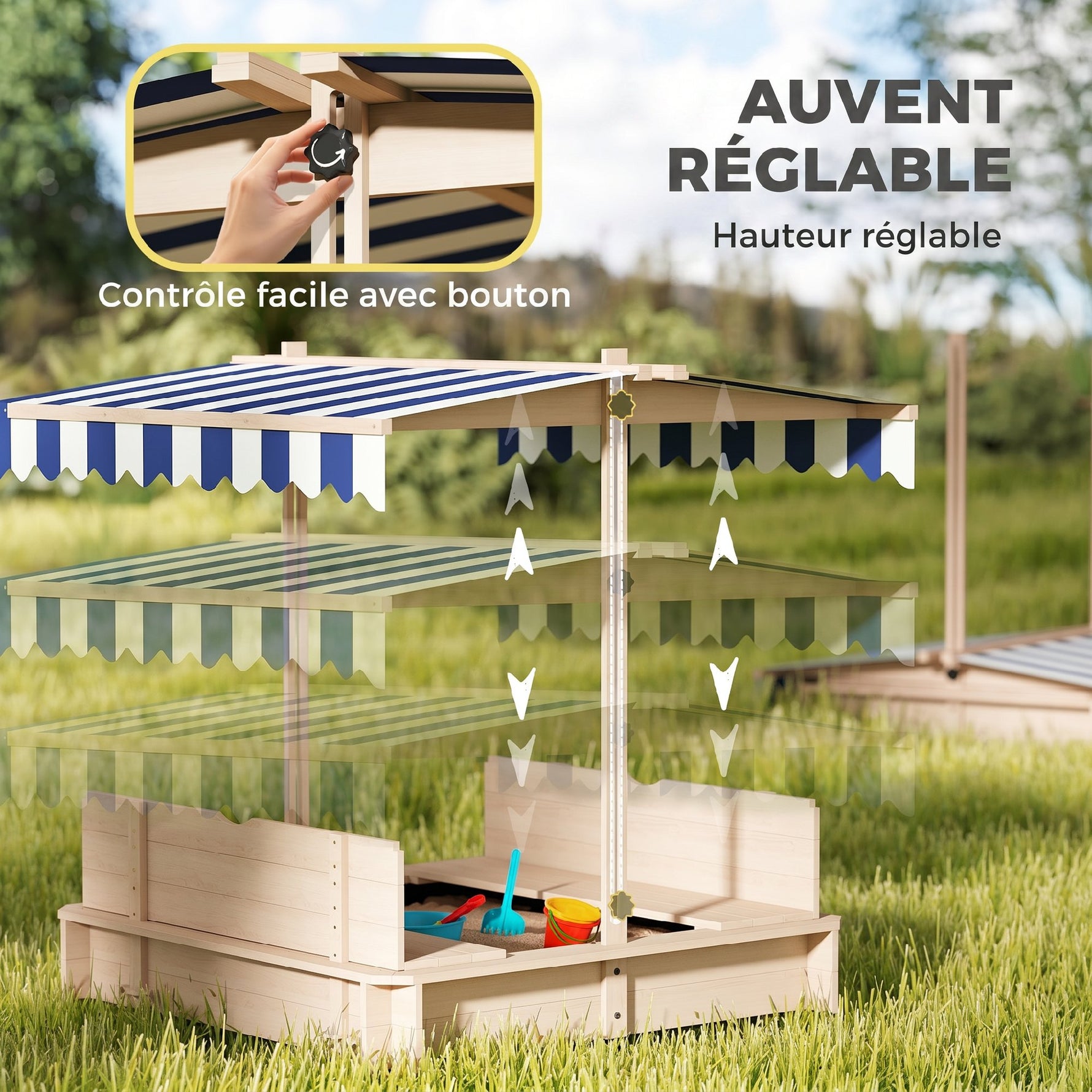 Bac à sable carré en bois pour enfants dim. 106L x 106l cm avec bancs et couvercle - auvent réglable