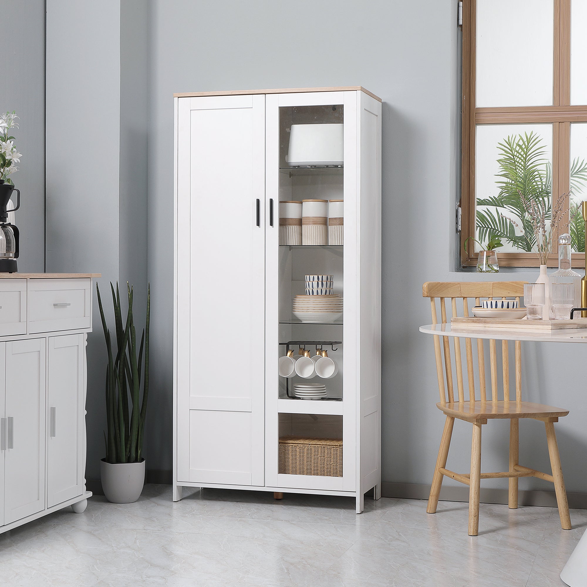 Buffet de cuisine armoire de cuisine meuble vitrine 7 étagères dont 3 étagères en verre 76 x 36 x 160 cm blanc