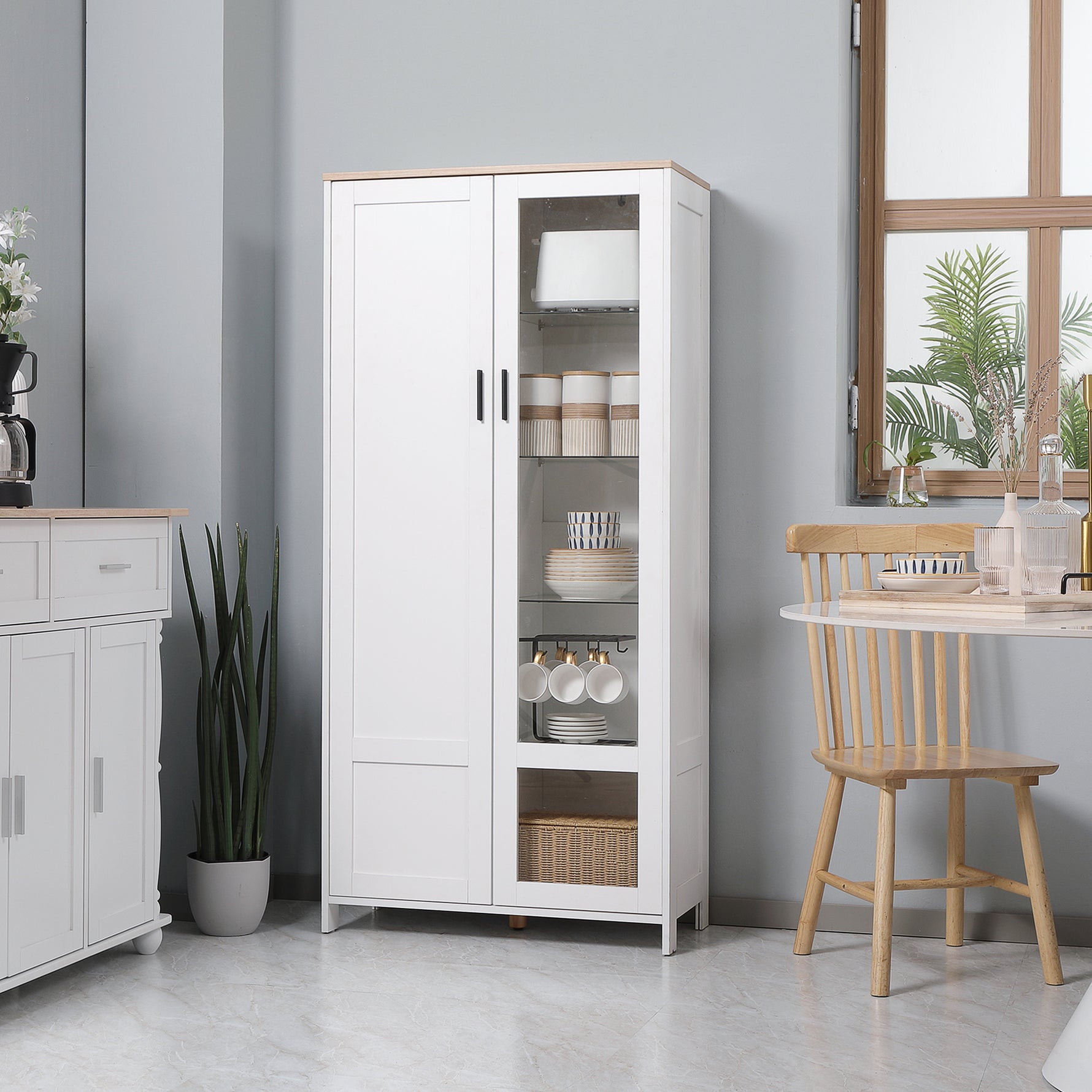 Buffet de cuisine armoire de cuisine meuble vitrine 7 étagères dont 3 étagères en verre 76 x 36 x 160 cm blanc
