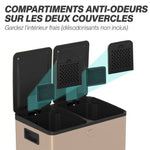 Poubelle de cuisine 2 compartiments de 2 x 28L, acier inoxydable, couvercle à fermeture douce, 45,8x36x67,6cm, or