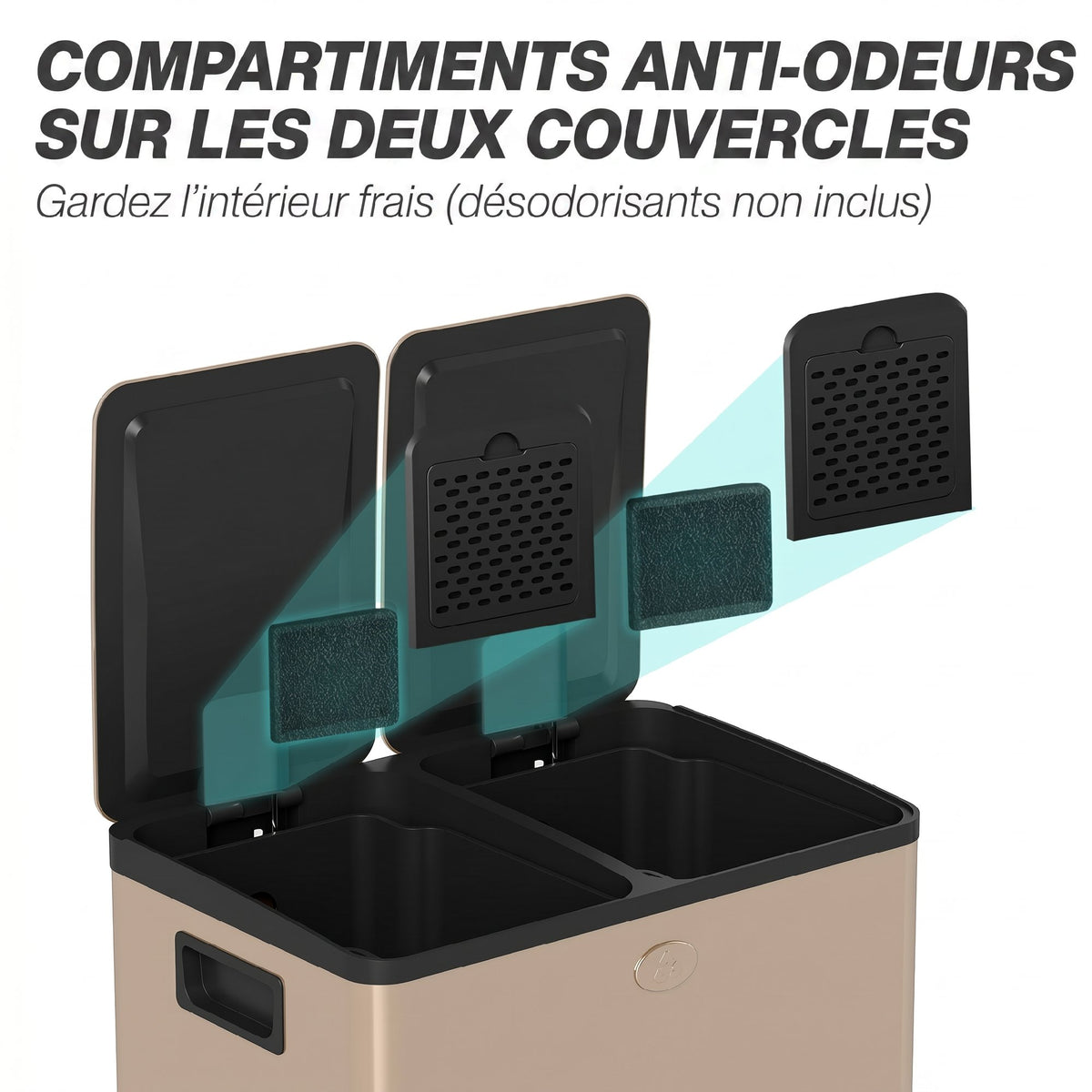 Poubelle de cuisine 2 compartiments de 2 x 28L, acier inoxydable, couvercle à fermeture douce, 45,8x36x67,6cm, or