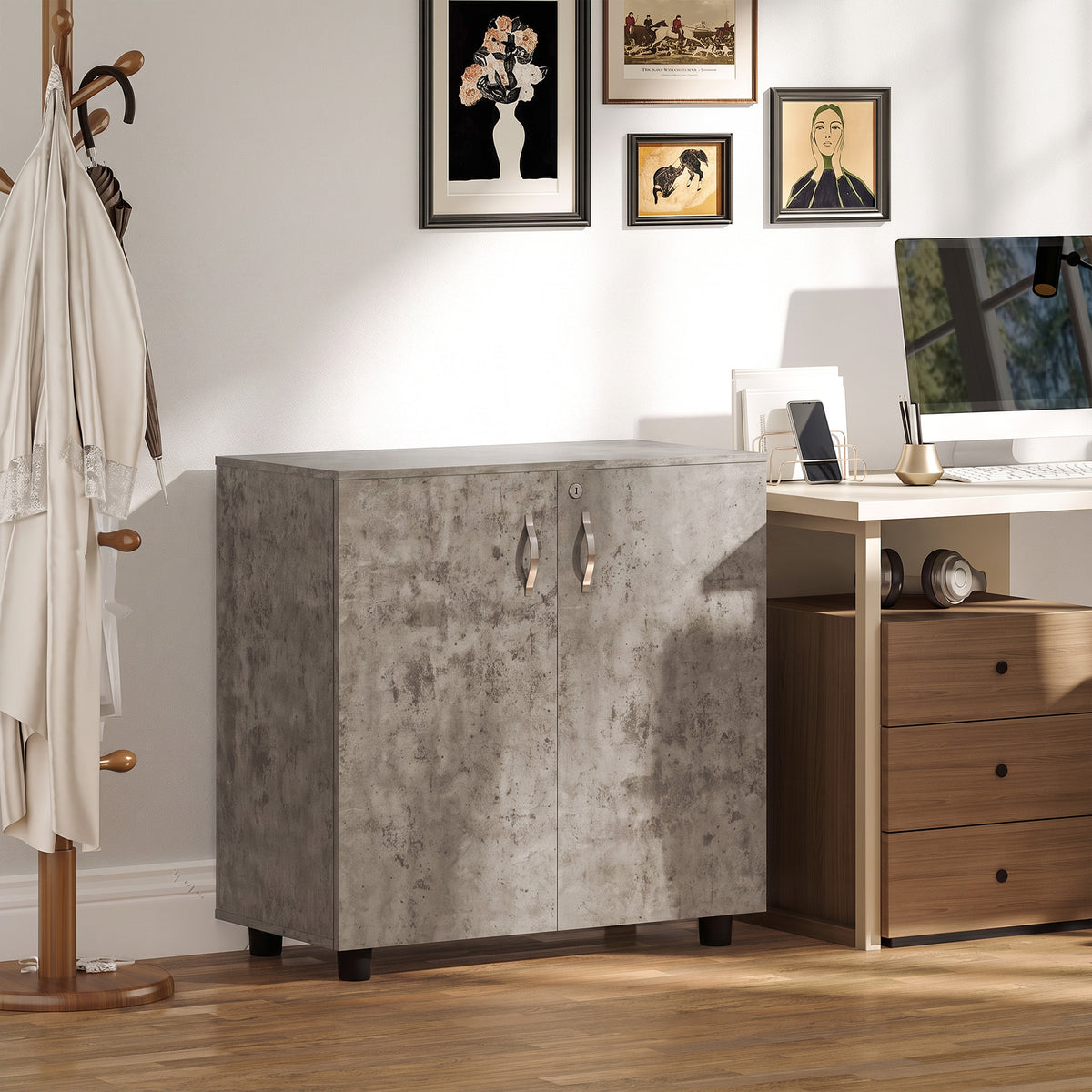 Armario de oficina de 2 niveles, mueble de almacenamiento de oficina con 2 puertas, cerraduras y llaves, 80x40x80cm, gris