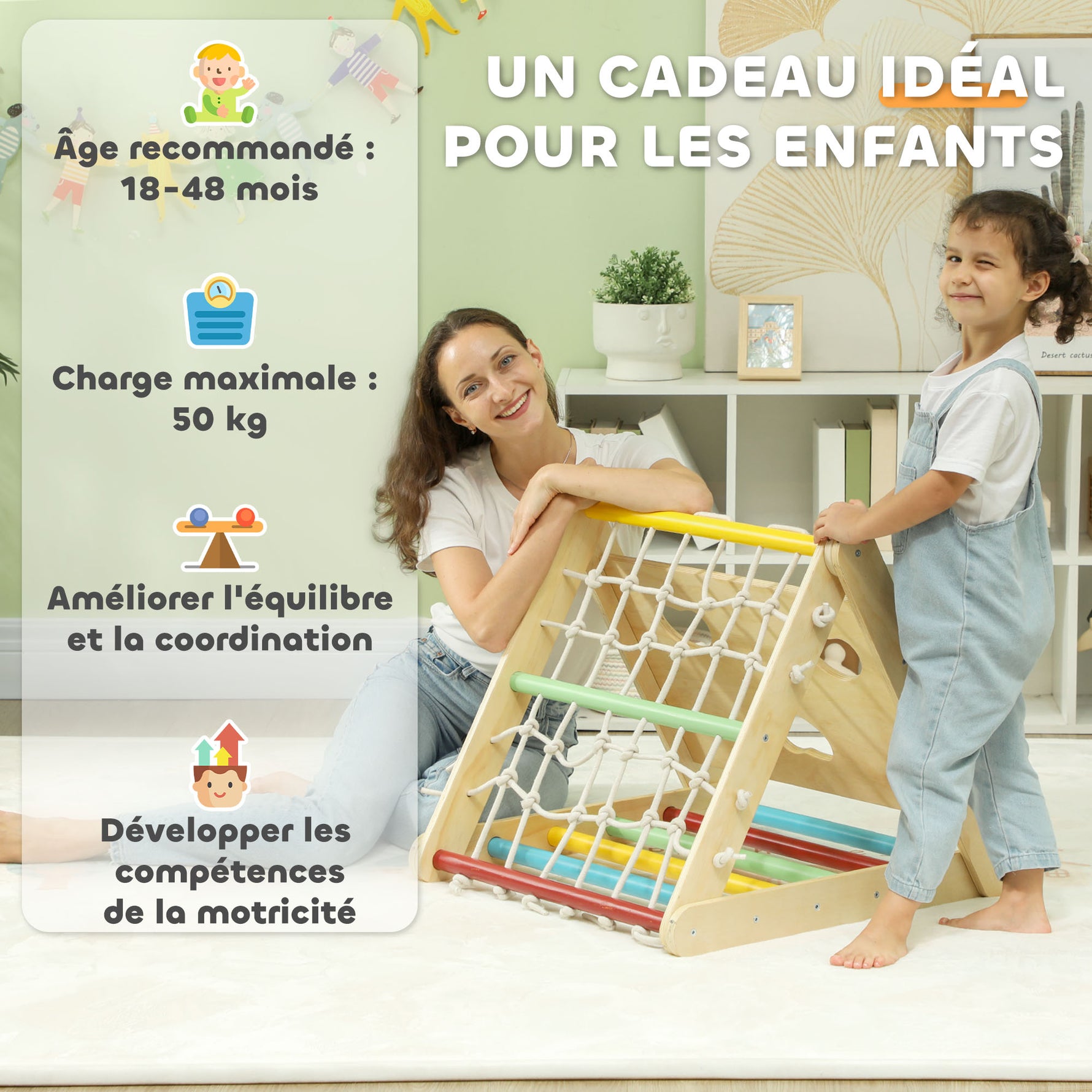 5 en 1 Triangle d'escalade avec toboggan enfants parcours motricité - filet d'escalade, sacs de sable inclus