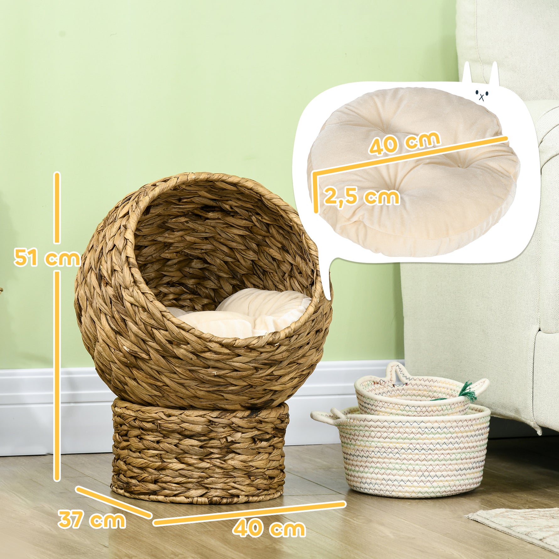 Panier chat lit surélevé chat cosy niche grotte à chat grand confort dim. 40L x 37l x 51H cm coussin moelleux beige inclus