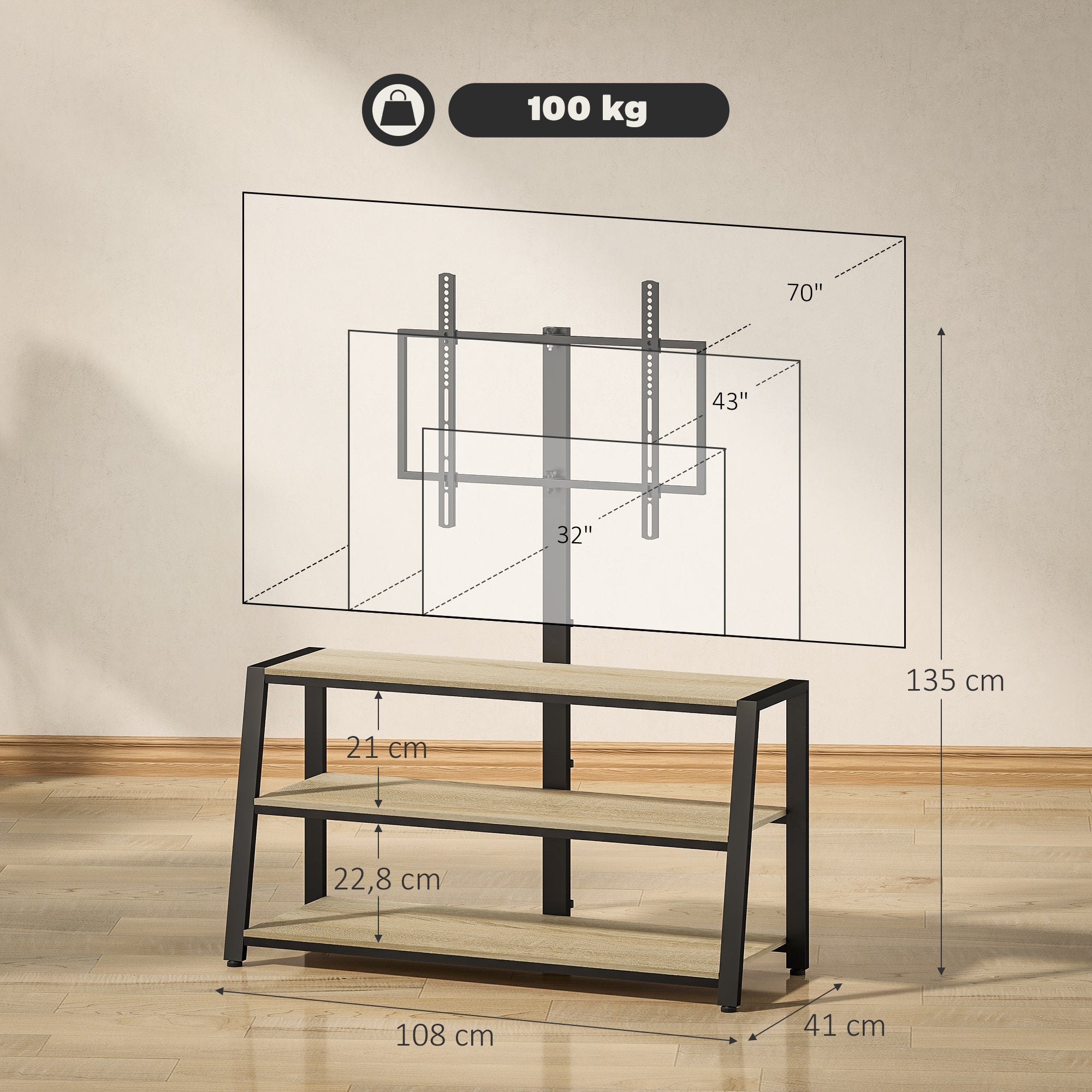 Meuble TV avec support pour téléviseurs de 32-70 pouces, étagères ouvertes, angle ajustable 35°, 108x41x135cm, effet bois naturel
