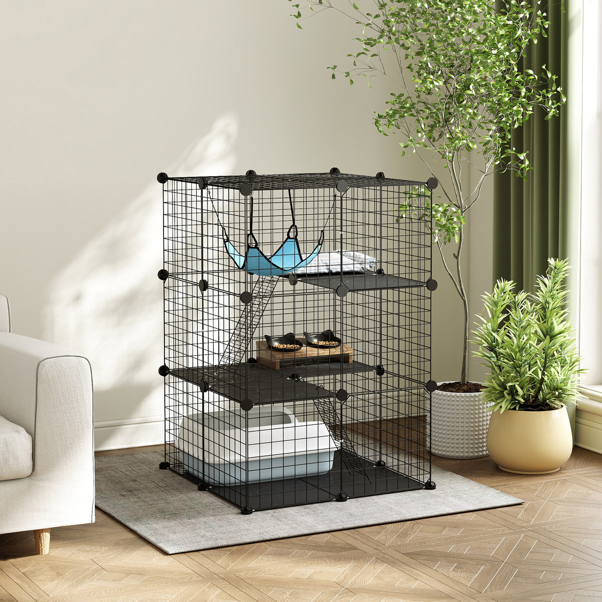 Gabbia per gatti da interno Recinto per gatti modulabile 3 porte Amaca Scaletta per piccoli animali domestici 70x70x105cm Nero